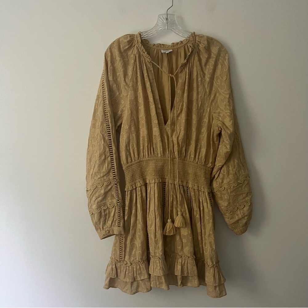 Hemant & Nandita Mavi Floral Smocked Tassel Peasant Mini Dress Beige Medium